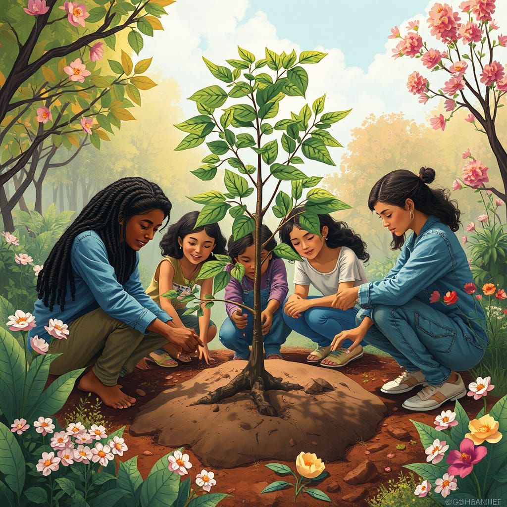 Diverse People Planting Trees in Lush Environment