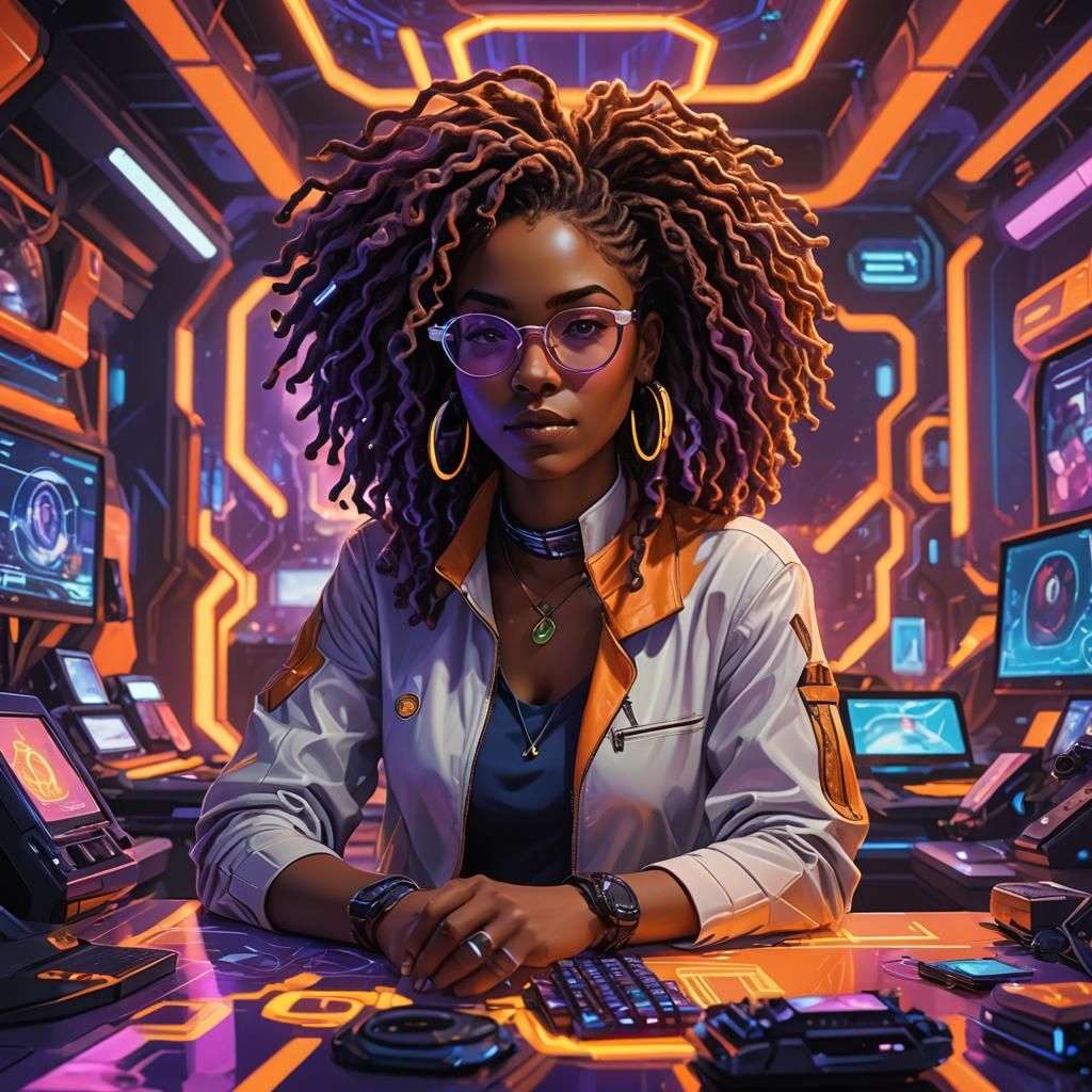 Vibrant Woman in Futuristic Neon Scene