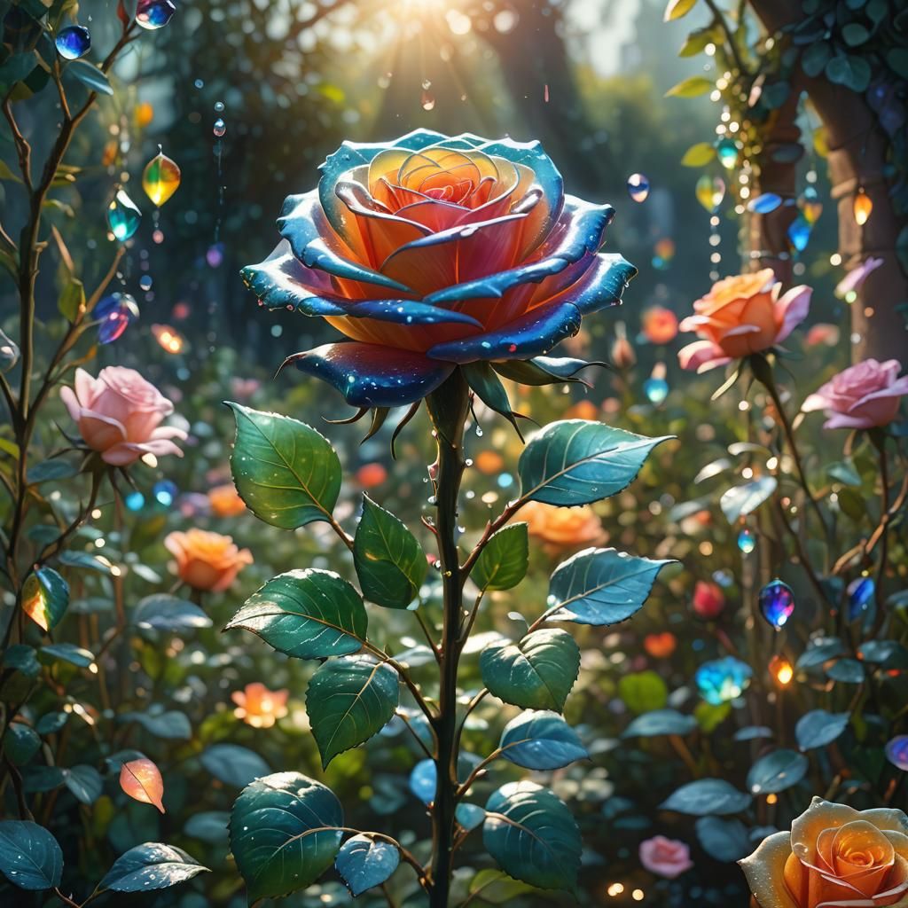 Rainbow Glass Rose in Mystical Garden