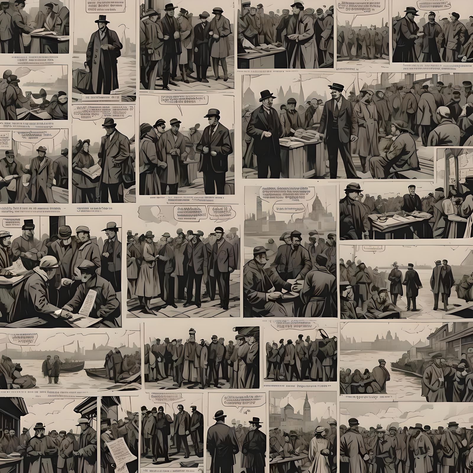 Migrants Arriving at Ellis Island: Black and White Comic