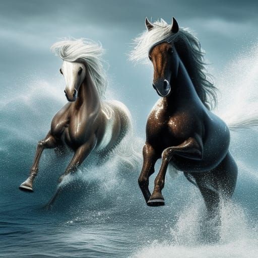 Water Wave Horses Galloping: Epic Digital Painting