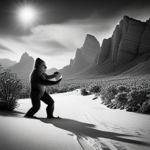 Bigfoot building a snowman in the desert