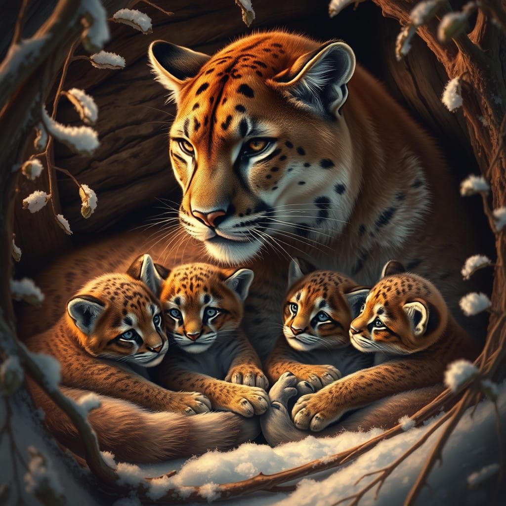 Majestic Cougar Tenderly Guards Her Adorable Cubs in a Snow-...