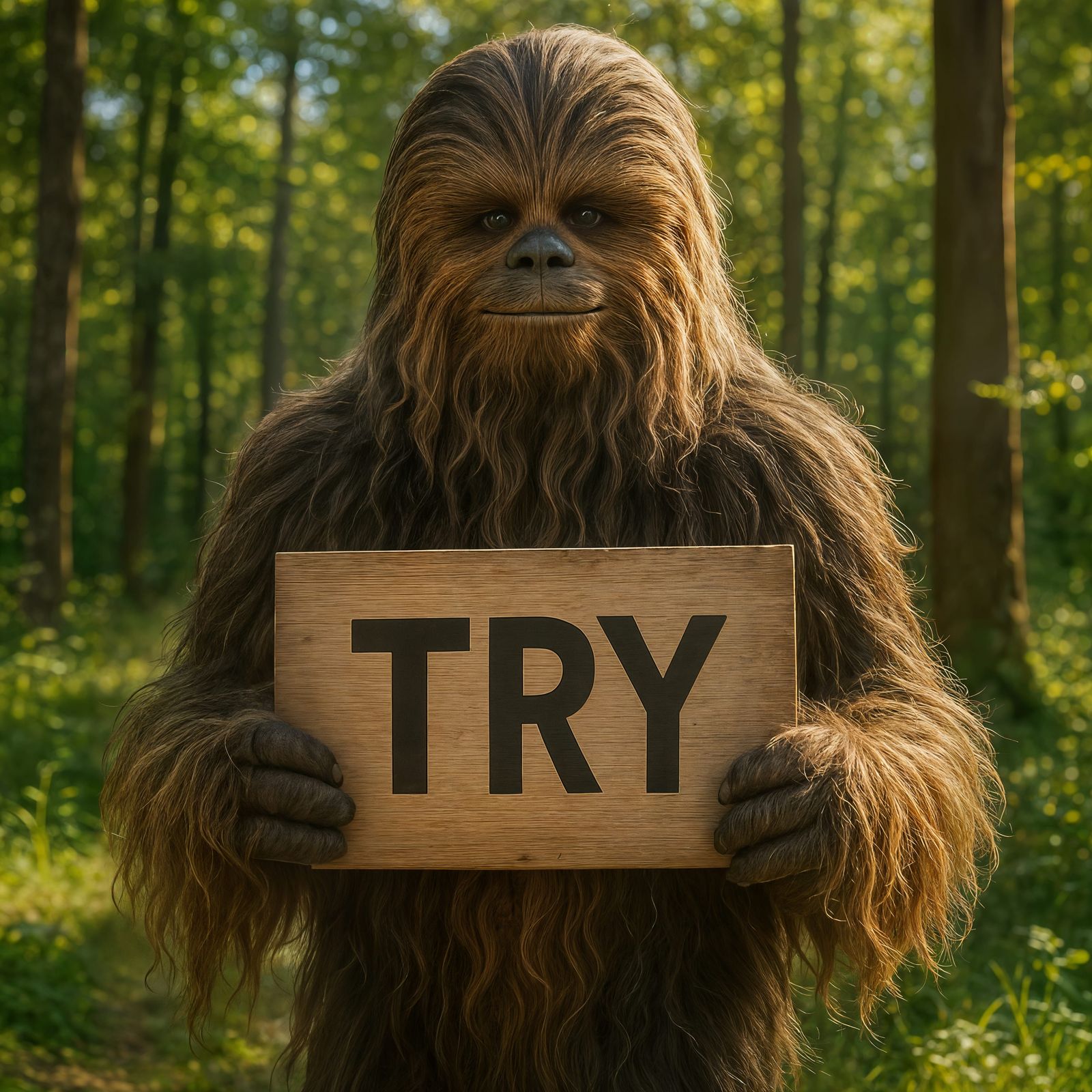 Gentle Wookiee Encourages Trying in Sunny Forest