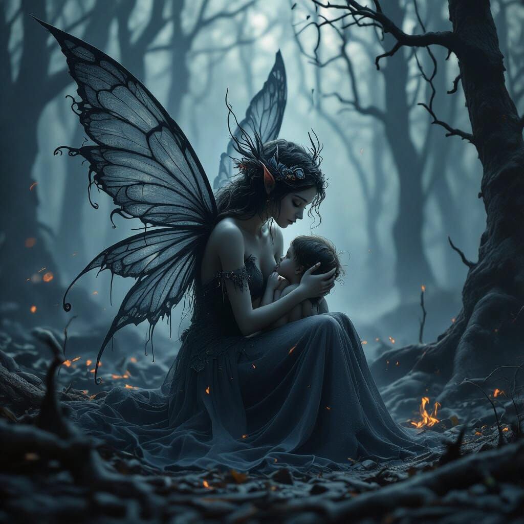 Ash Fairy Protecting Orphans in Charred Forest