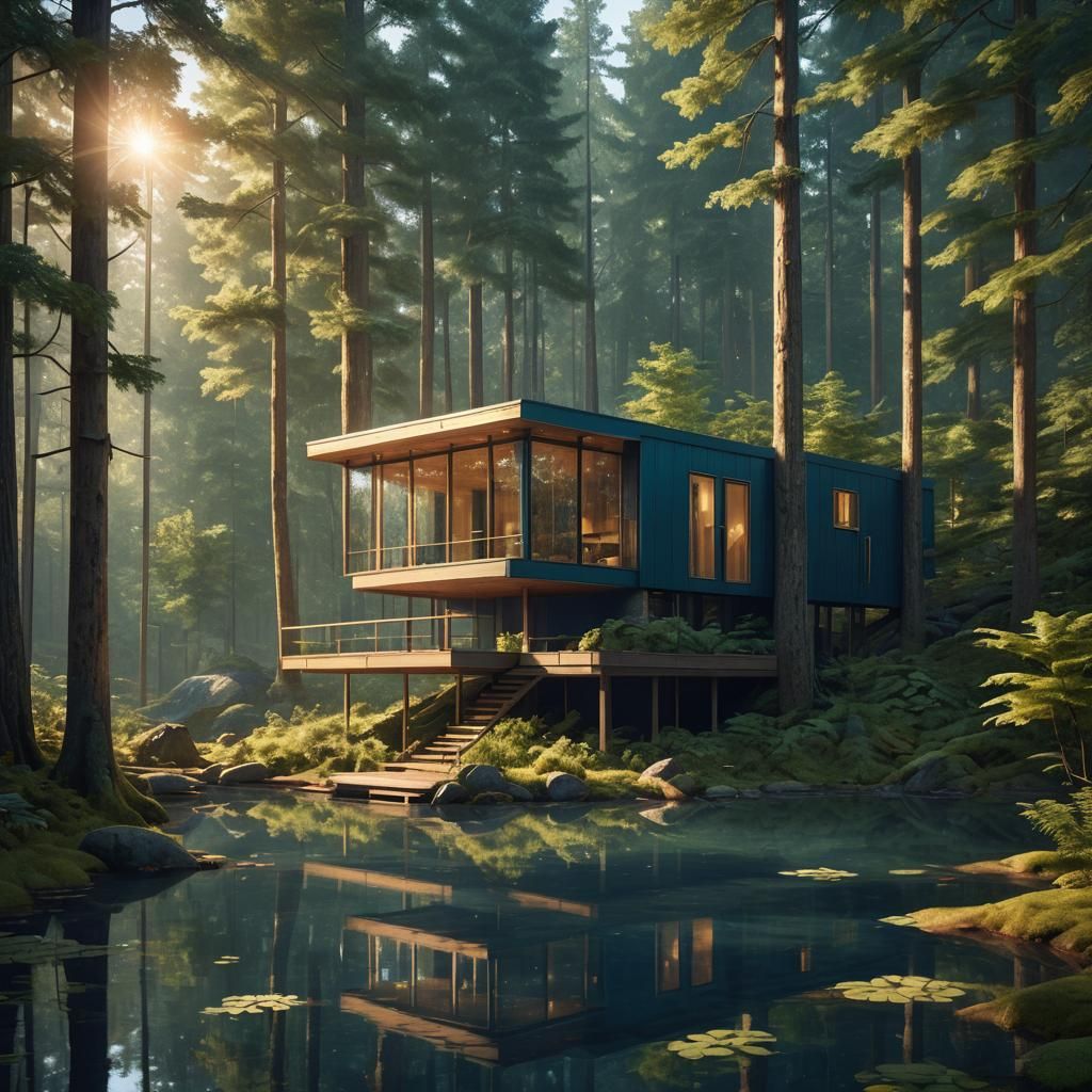 Modern Cabin in Forest: Postmodern Architecture Concept Art