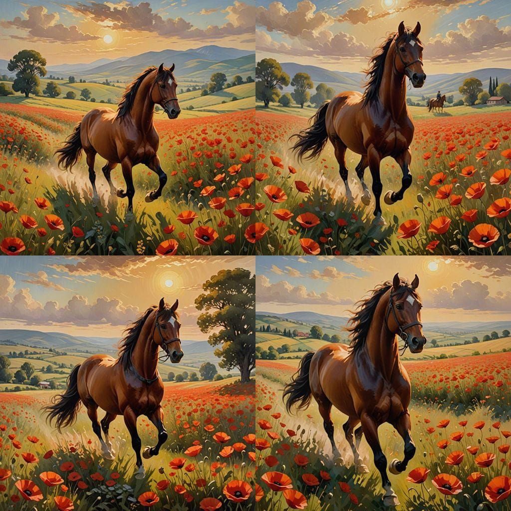 Majestic War Horse Gallops Through Fields of Vibrant Poppies...