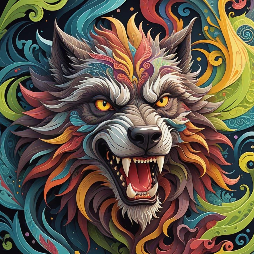 Abstract Werewolf Fractal in Vibrant Gouache Swirls