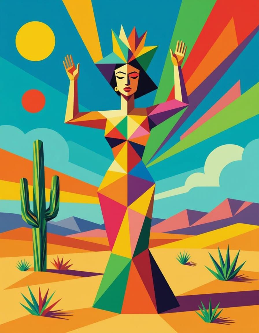 Androgynous Cactus Figure in Desert, Cubist Origami