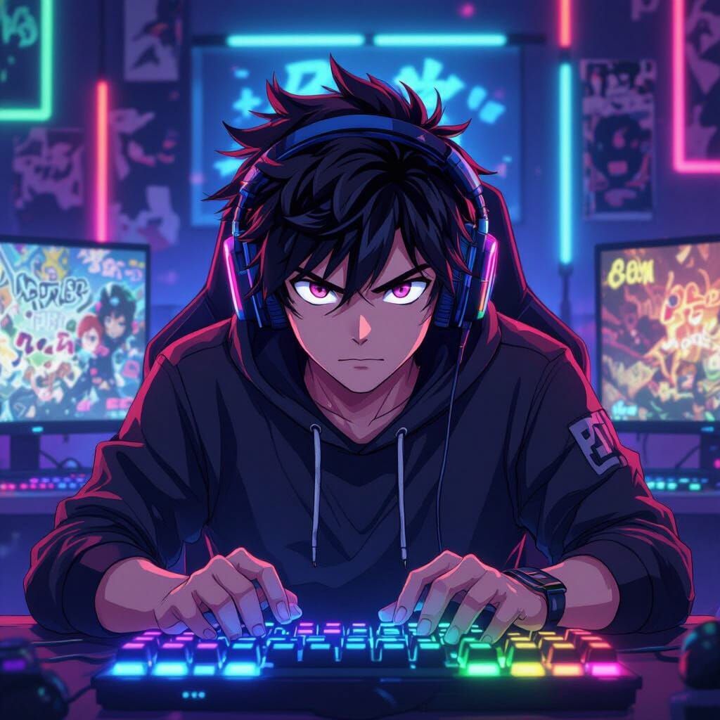 Preston Playz Anime Gaming Setup in Vibrant Cel-Shaded Style