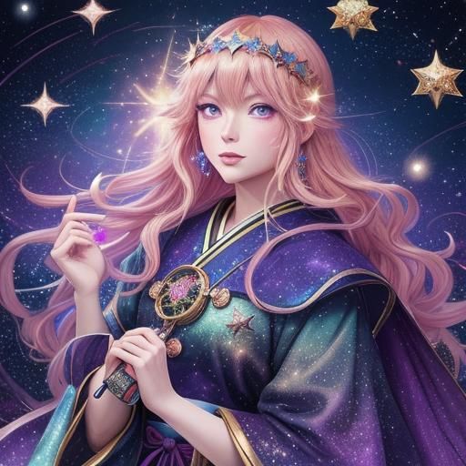 Anime Tarot Reader Celebrates Under Starry Sky