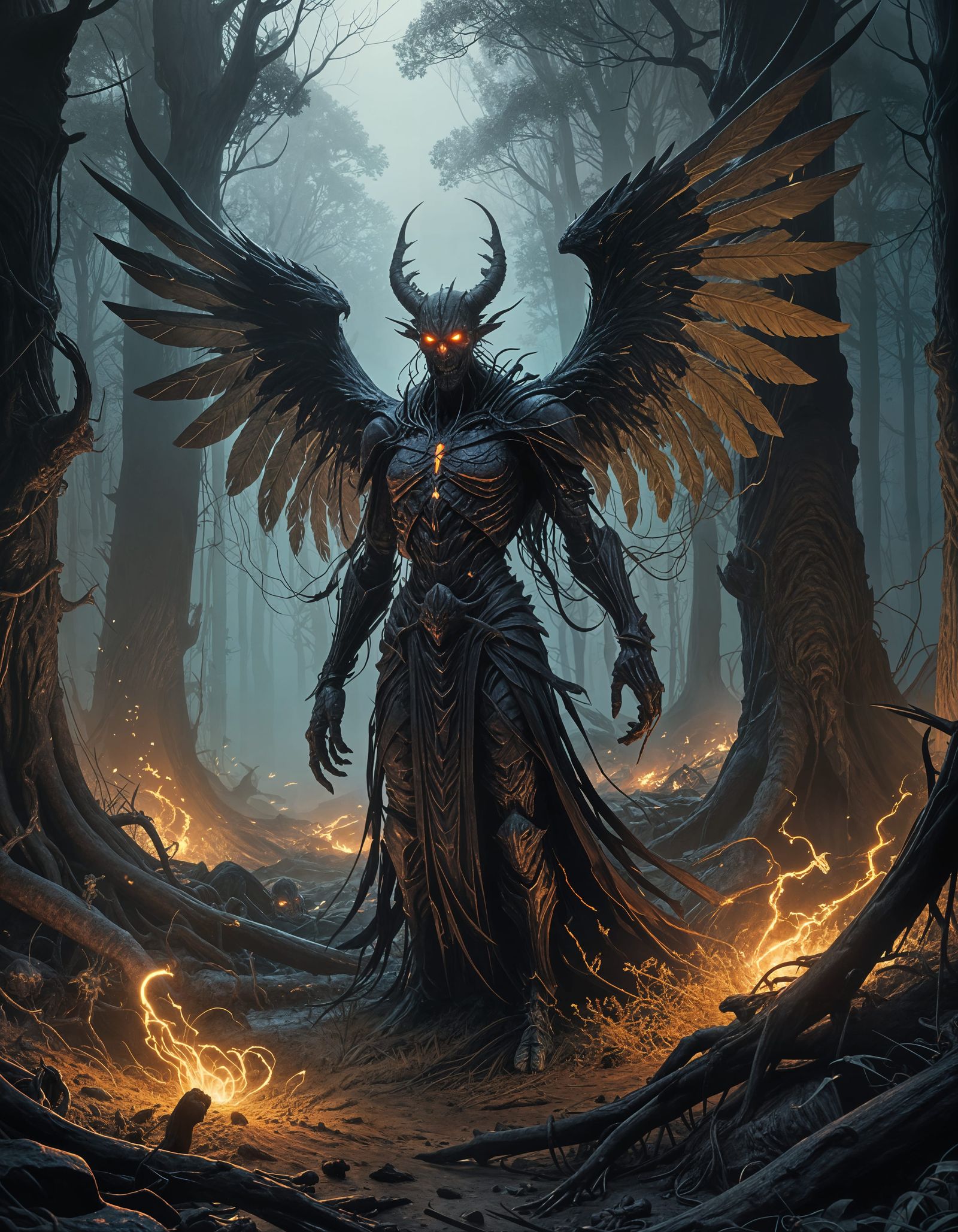 Ethereal Demon Amidst Whispy Beings in Radiant Backlight