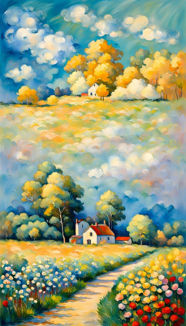 Serene Impressionist Landscape in Warm Sunlight