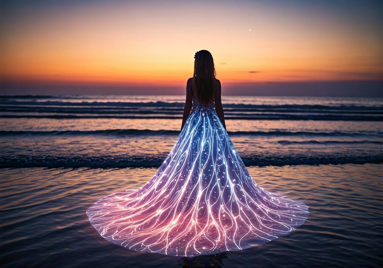 Ethereal Sunset Goddess Among Luminous Waves