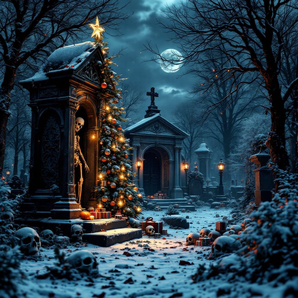 Eerie Winter Cemetery at Night, Belle Epoque Style