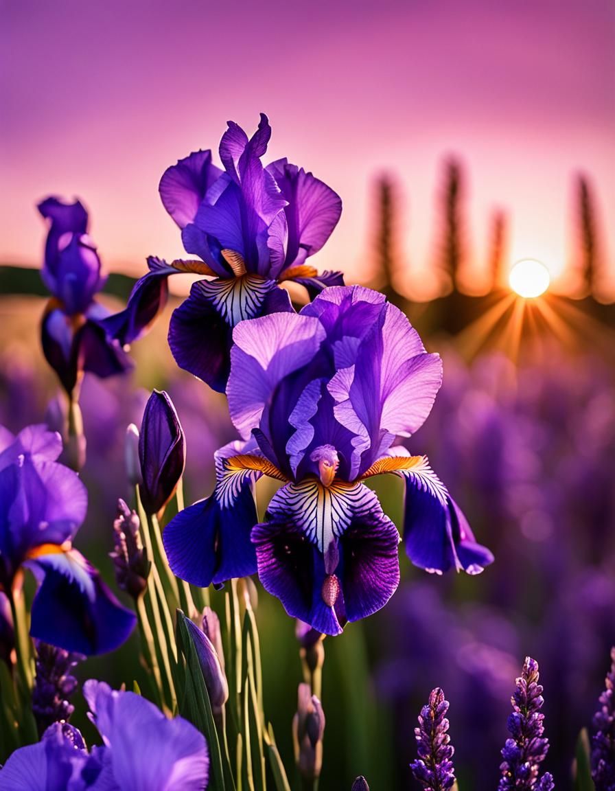 Purple Iris and Lavender Field at Sunset
