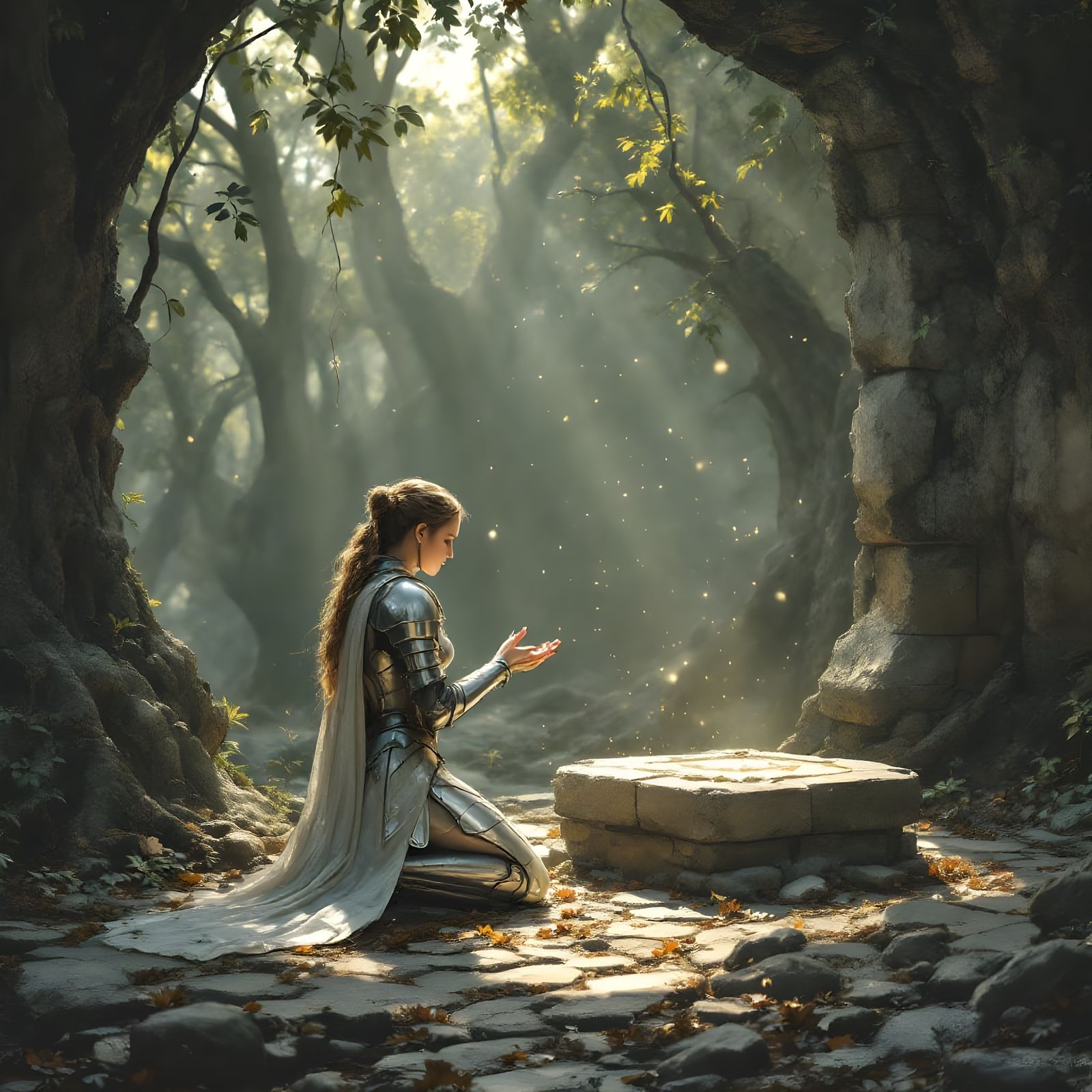 A Female Knight in Prayer Before a Weathered Altar in a Forg...