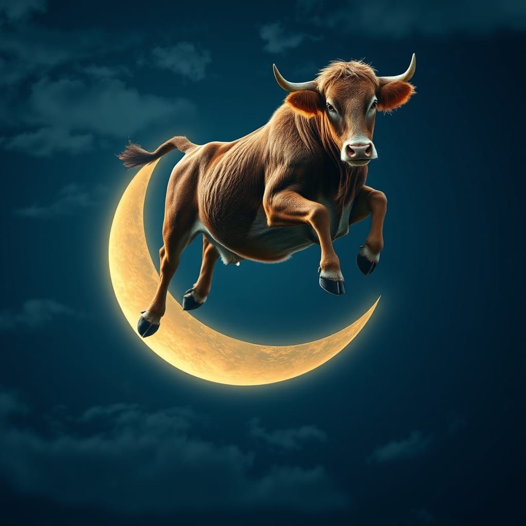 Cow Leaping Over Crescent Moon in Hyperrealistic Style