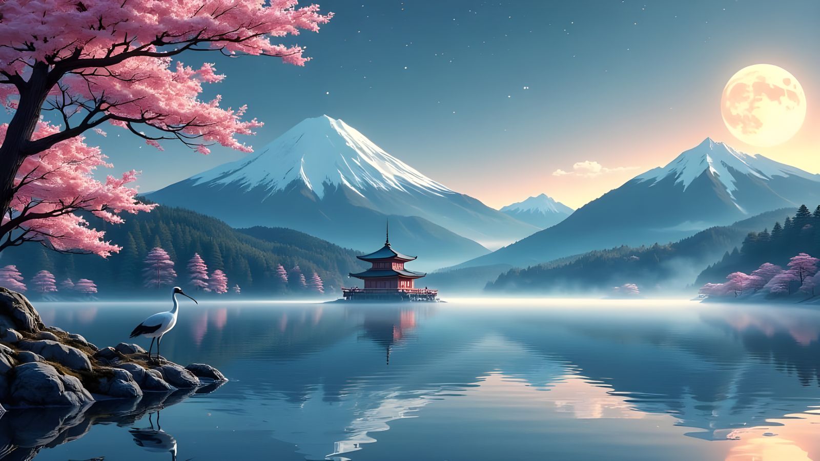 Serene Japanese Lake Scene with Majestic Crane
