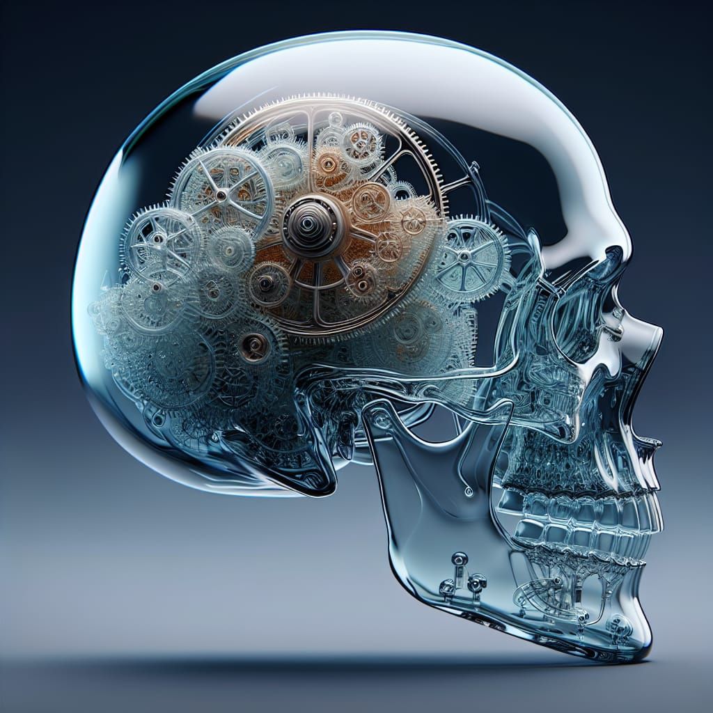 Glass Skull Reveals Clockwork Brain: 3D Computer Graphic