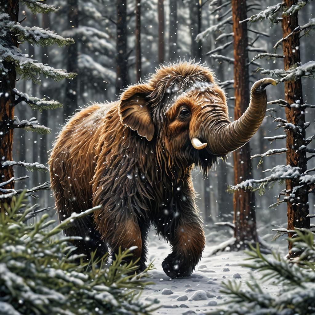 Shaggy Mammoth Cub in Snowy Pine Forest