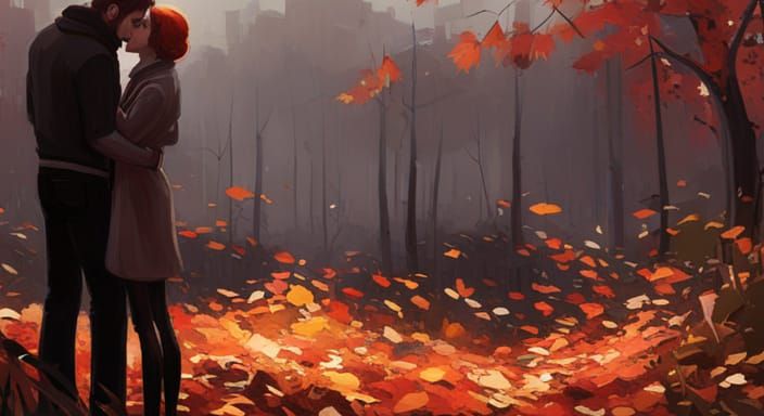 Couple Embracing in Autumn Park: Digital Painting