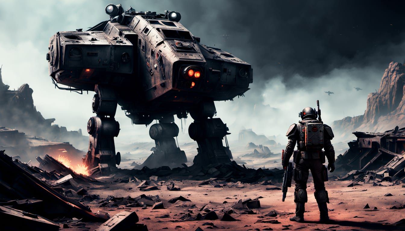 Gritty Starship Commander Amidst Planetary Ruin in Cyberpunk...