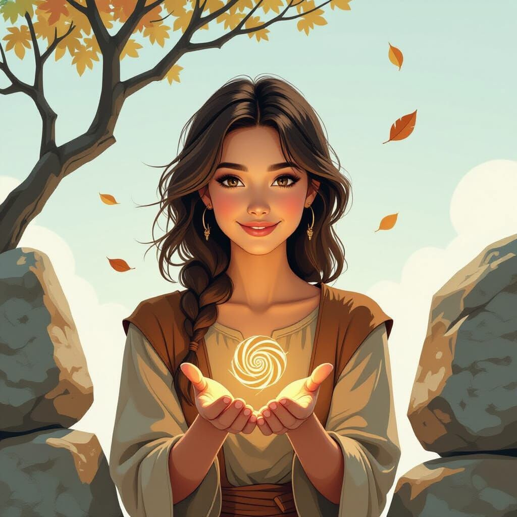 Woman with Leaf in Ethereal, Whimsical Style