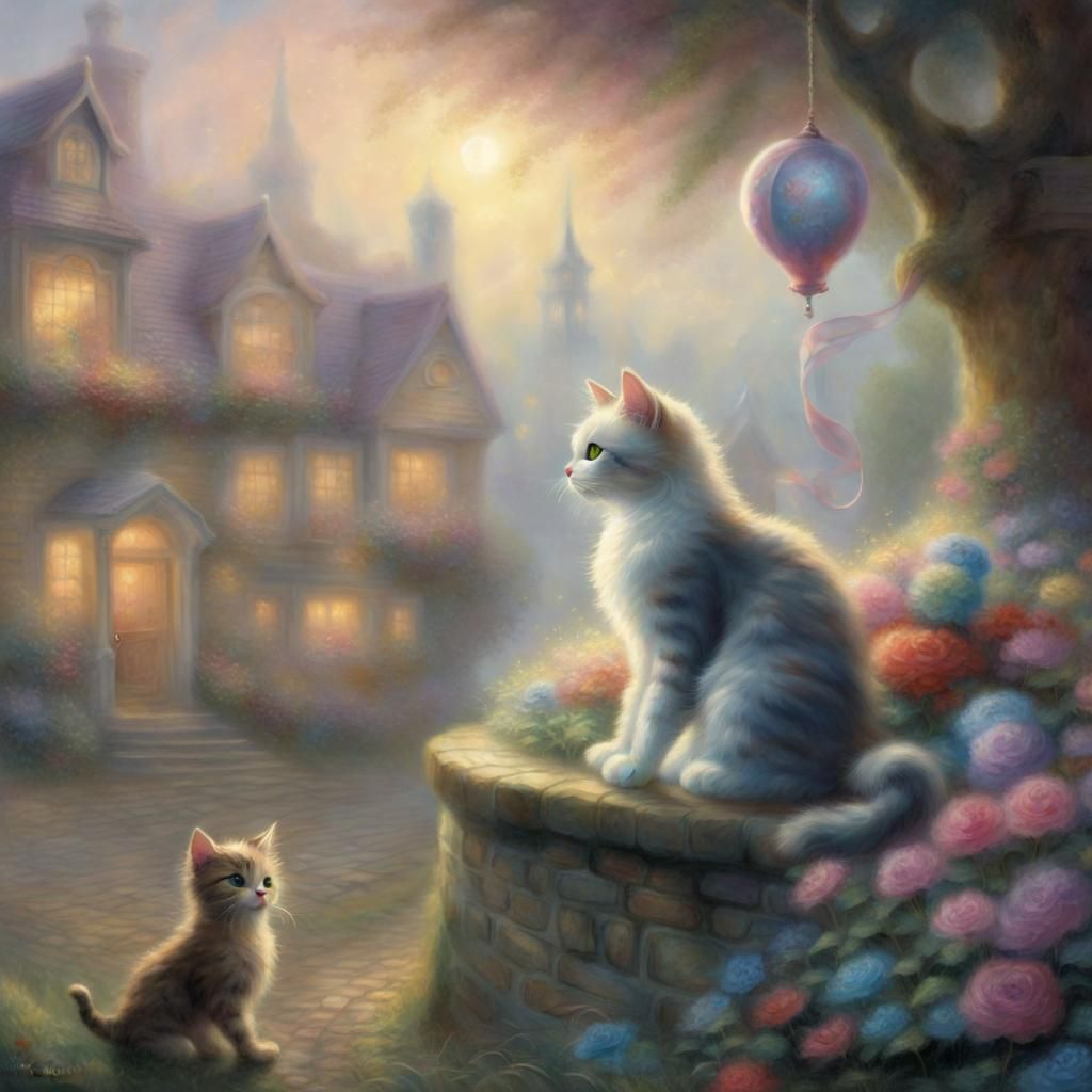 Ethereal Cat Playing with Toy in Kinkade Style