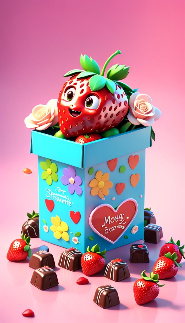 Strawberry in Chocolate Box: Pixar-Style 3D Render