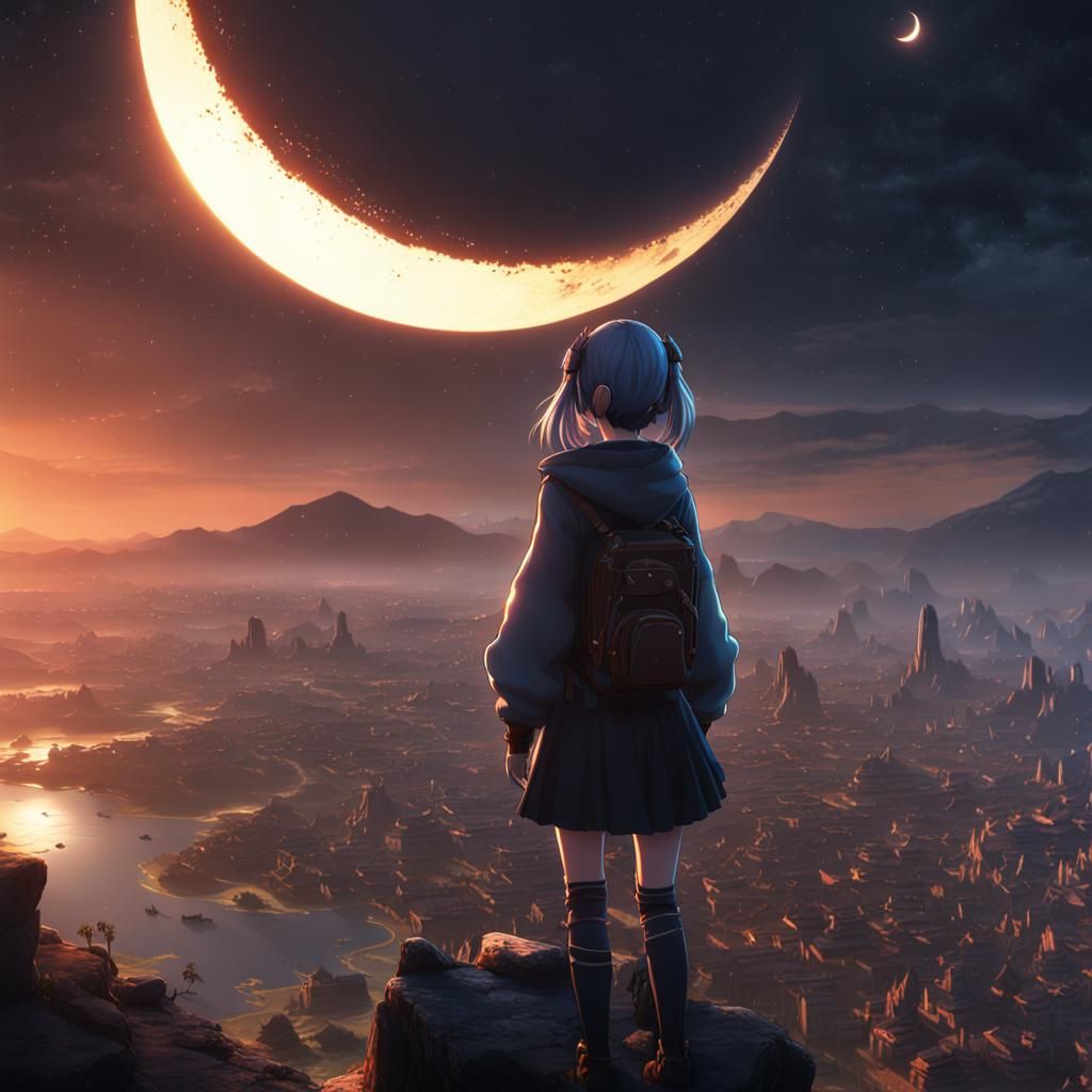 Anime Girl Watches Darkening Eclipse in Sky