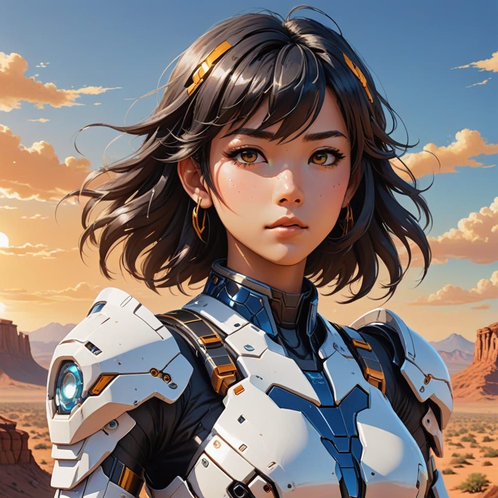 Surreal Anime Warrior Princess in Futuristic Armor Soars Ove...
