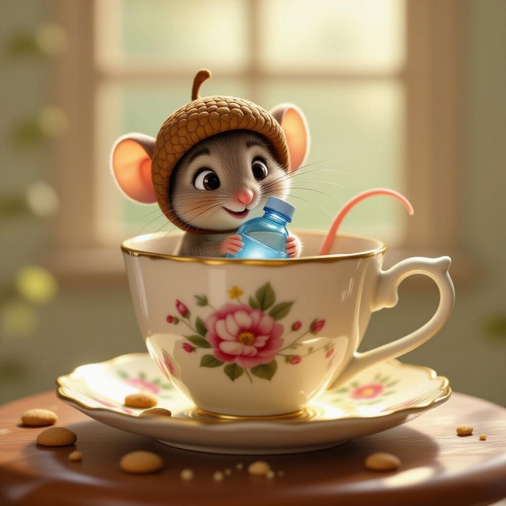 Tiny Mouse in Giant Teacup, Pixar CGI Style