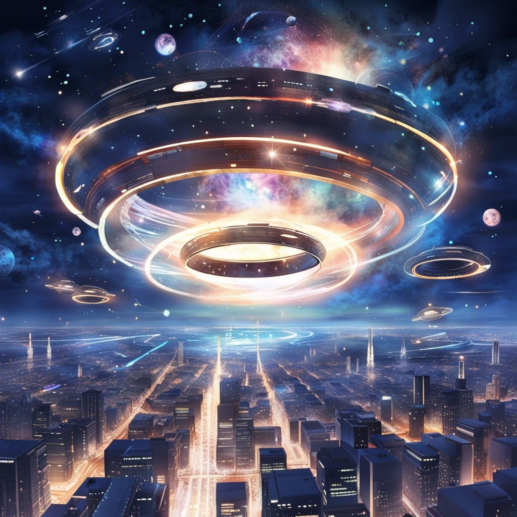 Futuristic Ring City Floating in Space in Anime Style