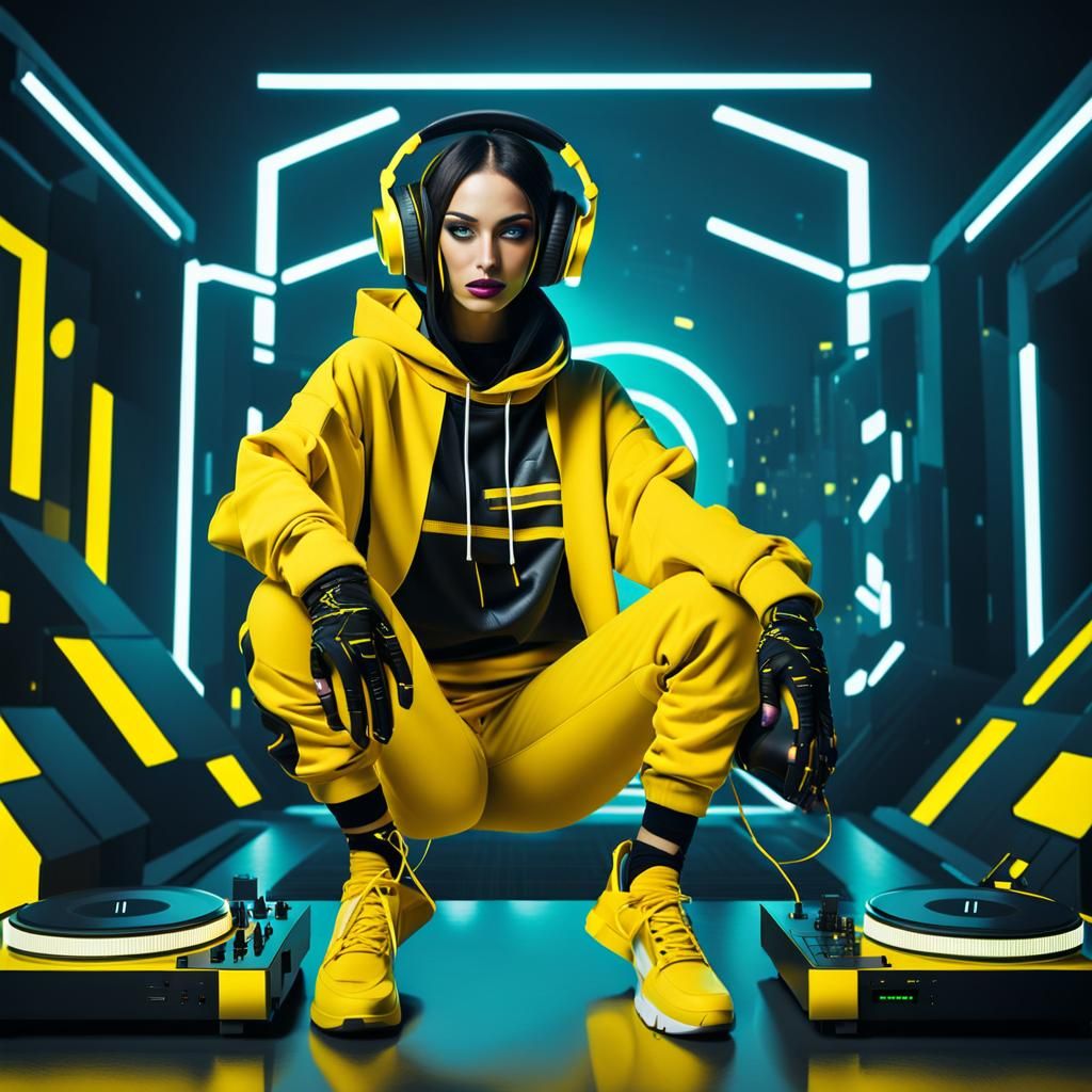 Robotic Girl DJ in Futuristic Glitch Art