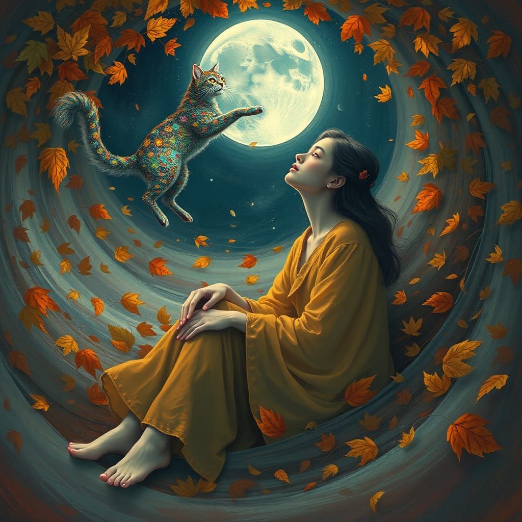 Dreamlike Woman and Iridescent Cat Eating Moon