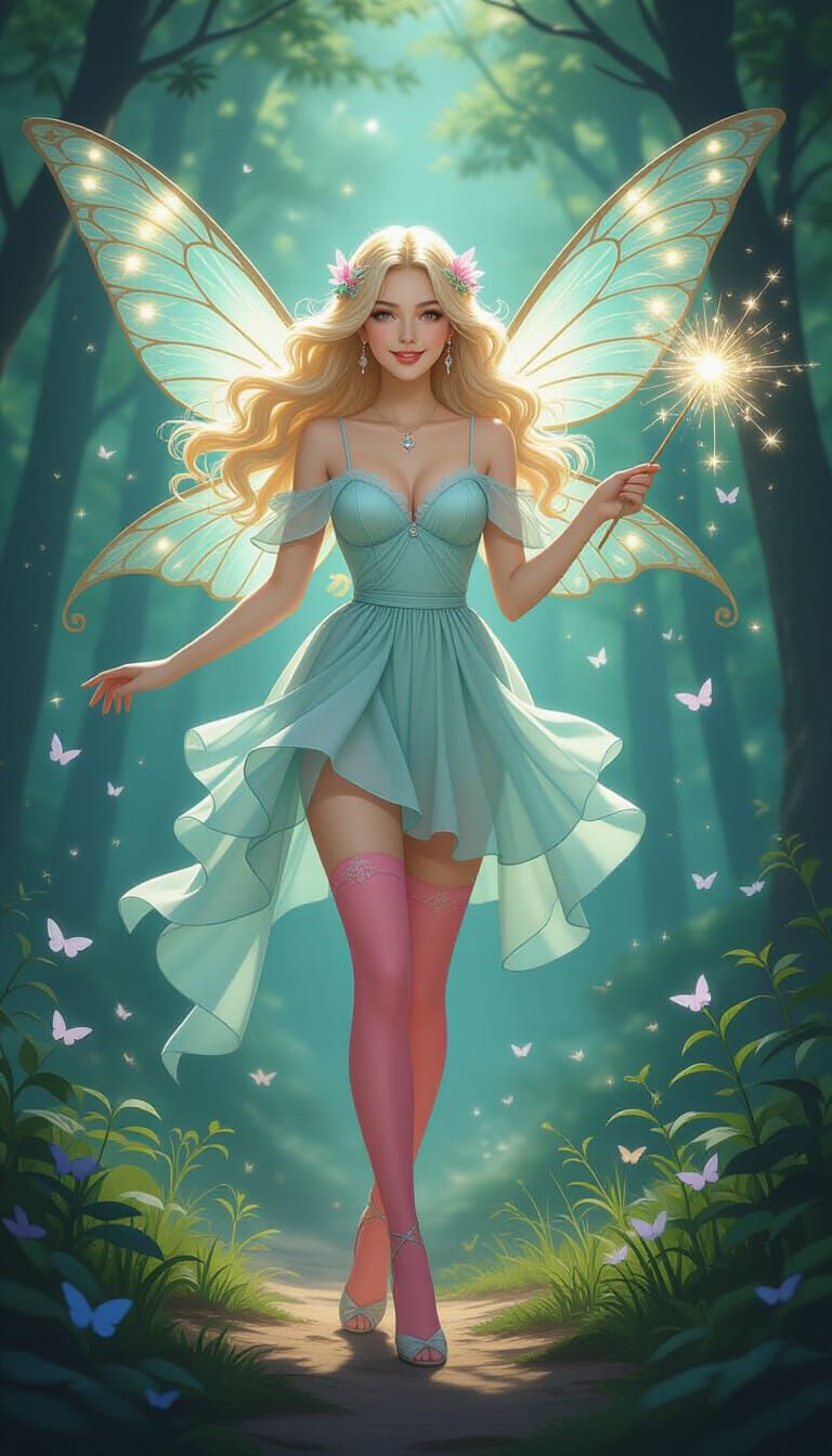 Blonde Fairy Woman with Moths in Hair, Art Nouveau Style