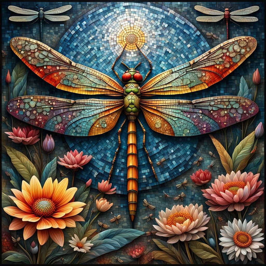 Mosaic Art: Flower and Dragonflies in Digital Painting Style