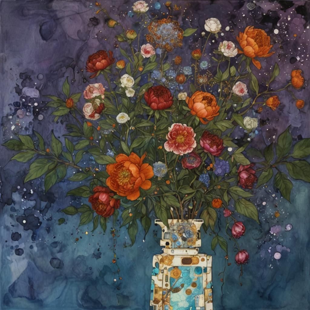 Art Nouveau Robot with Peonies in Alcohol Ink