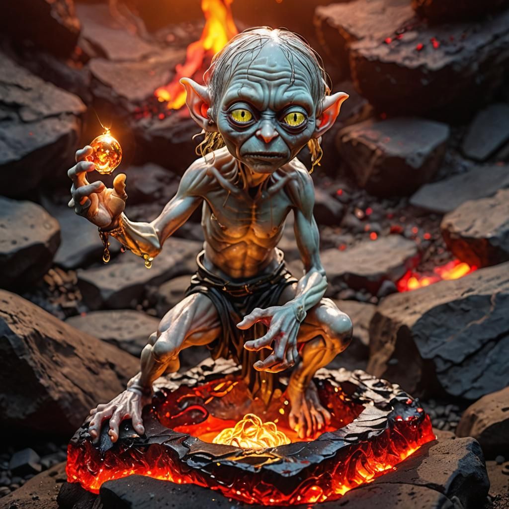 Enameled Glass Gollum with Ring, Lava Backdrop
