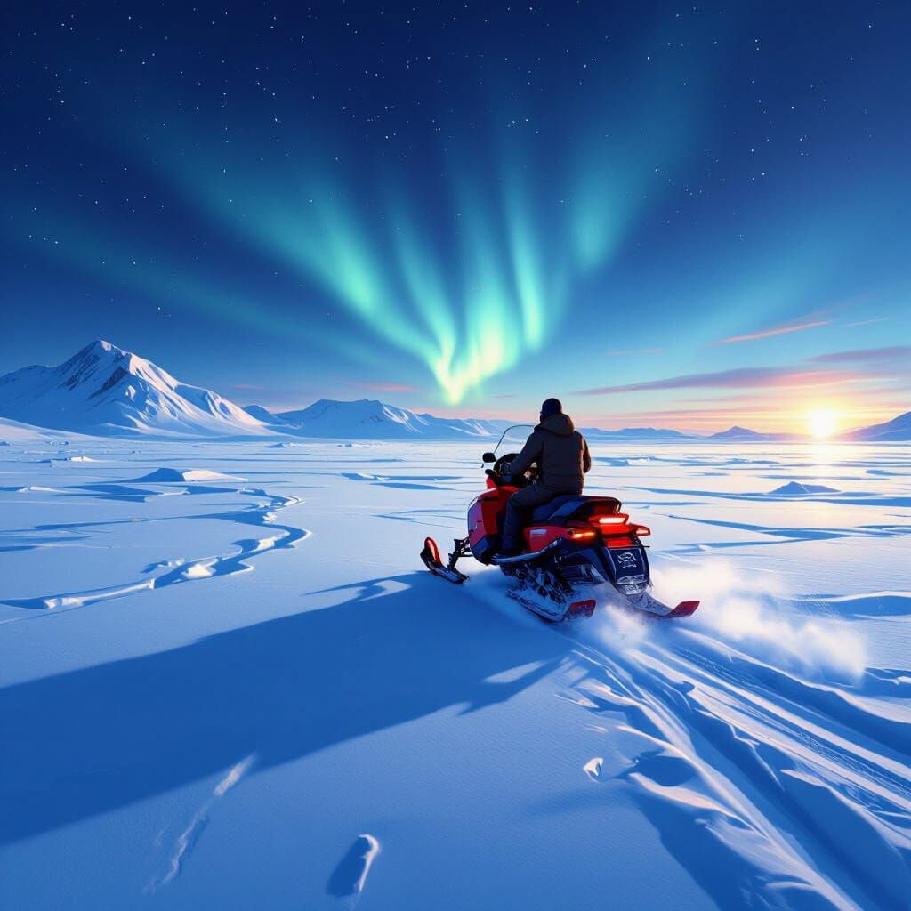 Man on Red Snowmobile in Arctic Landscape with Aurora