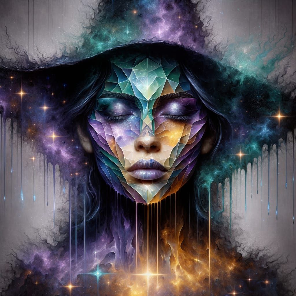 Mystical Witch Portrait with Fragmenting Geometric Shapes