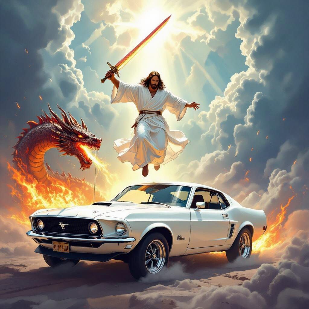 Jesus Slaying Dragon from Mustang in Epic Fantasy Style
