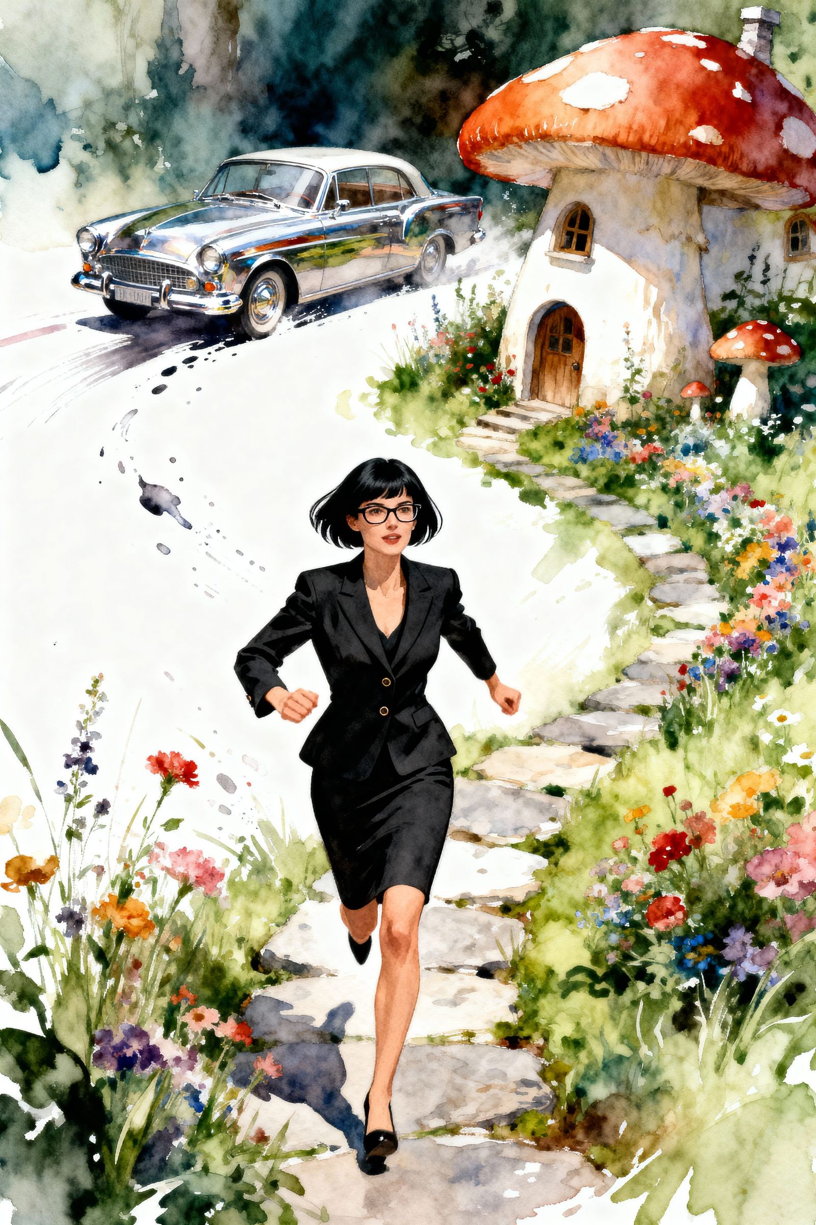 Charming CEO Running in Vibrant Garden, Watercolour Style