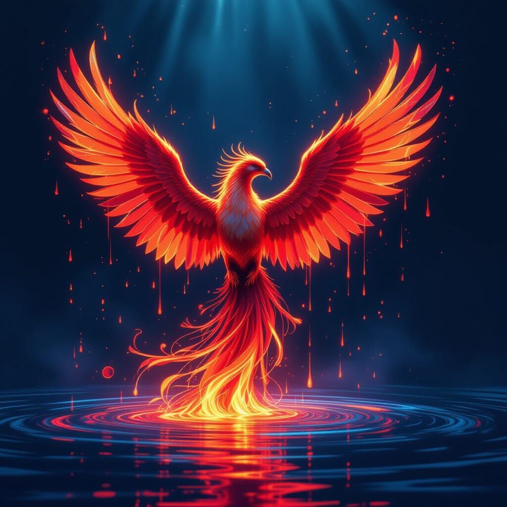Phoenix Rises From Molten Waves in Neon Hues