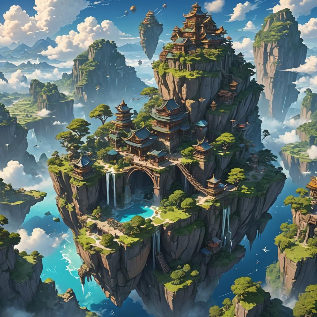 Floating Sky Islands in Anime Style 3D Art