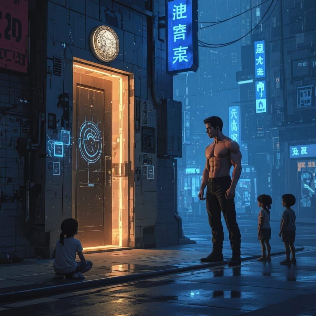 Young Man in Virtual City with Interactive Door
