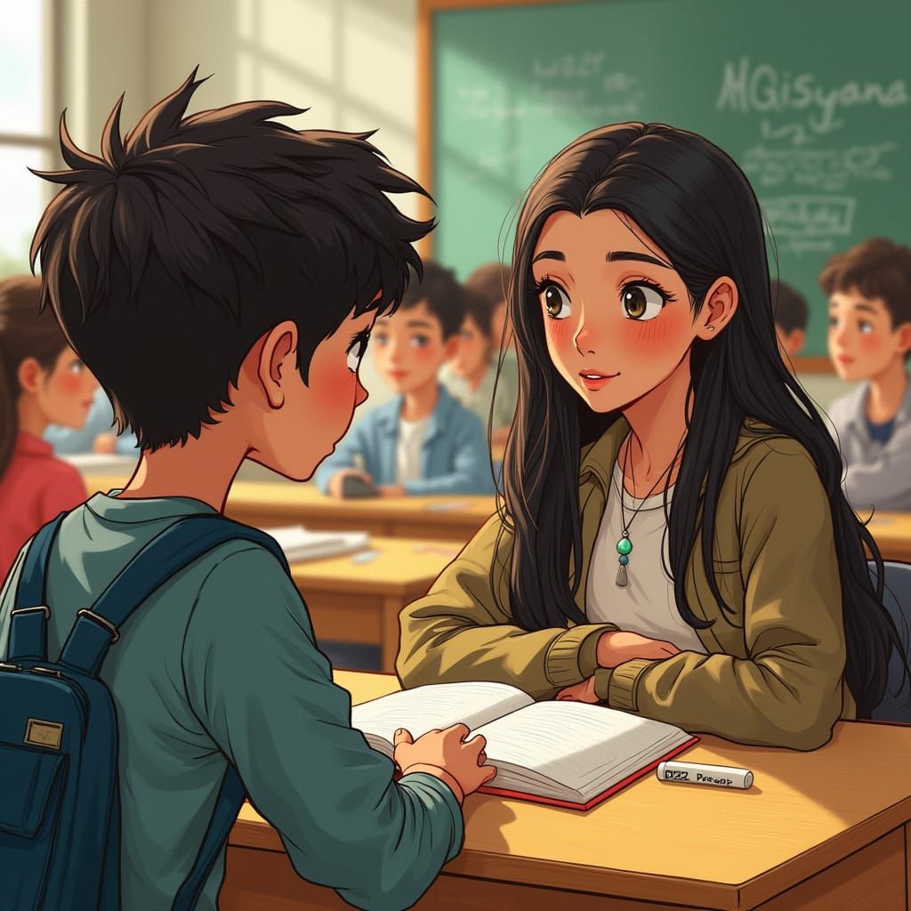 Young Woman Smiles at Boy in Cozy College Classroom