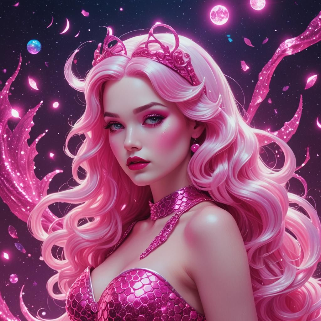 Snow White Space Mermaid with Neon Synthwave Style