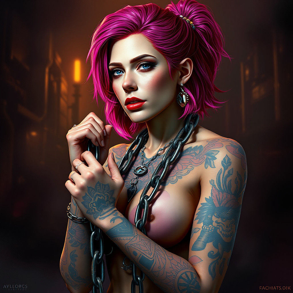 Magenta Haired Woman with Chain in Dreamlike Style